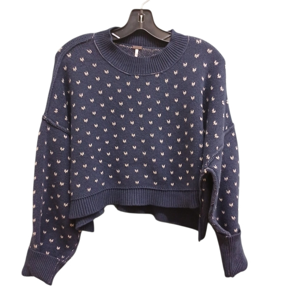 Free People Easy Street Navy Cropped Crewneck Sweater with Pattern Size Medium